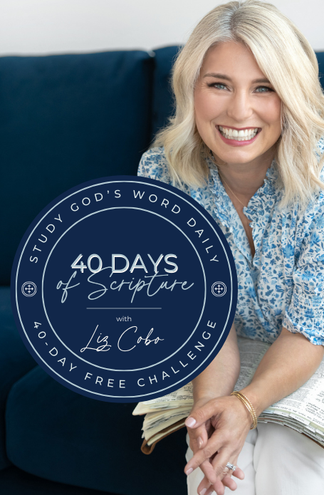 40-Days of Scripture Challenge logo laid over a picture of Bible Teacher Liz Cobo